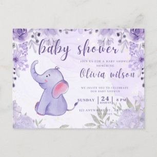 Carte Postale baby shower d'invitation, fleurs d'éléphants viole