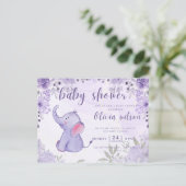 Carte Postale baby shower d'invitation, fleurs d'éléphants viole (Debout devant)