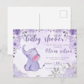 Carte Postale baby shower d'invitation, fleurs d'éléphants viole (Devant / Derrière)