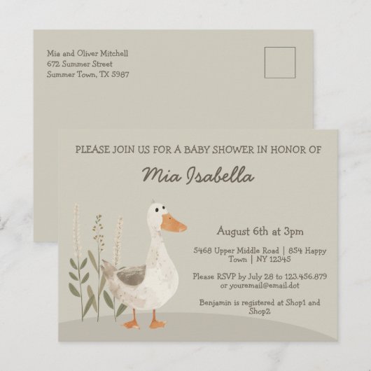 Carte postale Baby shower d'oie d'aquarelle (Devant / Derrière)