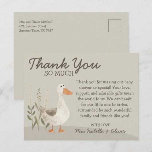 Carte postale Baby shower d'oie d'aquarelle Merci (Devant / Derrière)