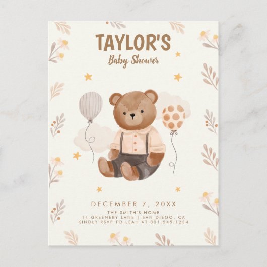 Carte Postale Baby shower d'ours rustique Aquarelle (Devant)
