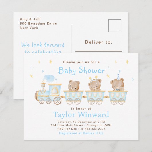 Carte Postale Baby shower du train Bear Blue (Devant / Derrière)