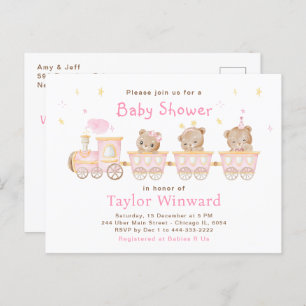 Carte Postale Baby shower du train Bear Pink