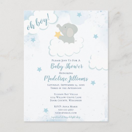 Carte postale Baby shower Elephant Aquarelle (Devant)