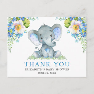 Carte Postale Baby-Shower éléphant floral bleu aquarelle