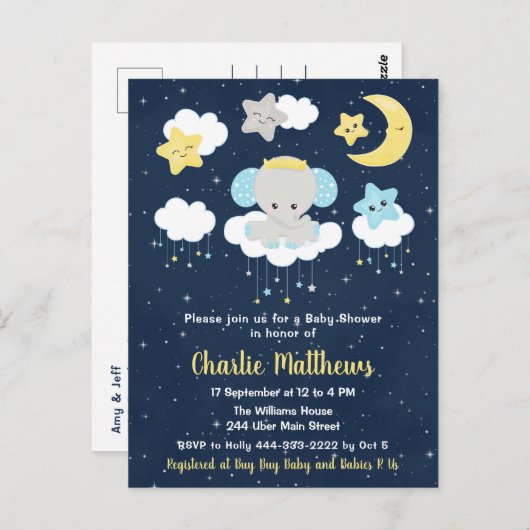 Carte Postale Baby Shower Éléphant Garçon Bleu et Nuit (Devant / Derrière)