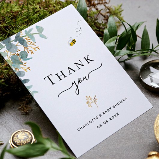 Carte Postale Baby shower eucalyptus verdure abeille merci