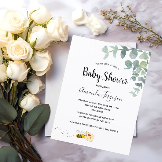 Carte Postale Baby shower eucalyptus verdure abeille mignonne