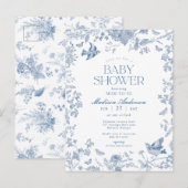 Carte Postale Baby Shower Fleur Bleue Toile De Jouy Français (Devant / Derrière)