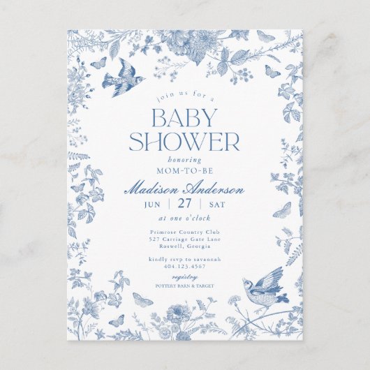 Carte Postale Baby Shower Fleur Bleue Toile De Jouy Français (Devant)