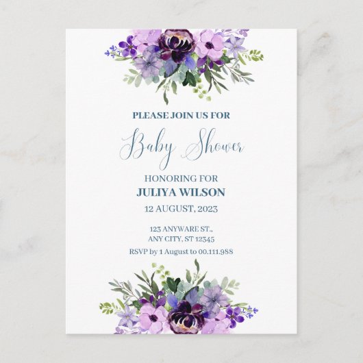 Carte postale baby shower fleuri vert et pourpre (Devant)