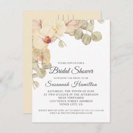 Carte Postale Baby Shower Fleurs Neutres d'Orchidées et d'Eucaly (Devant / Derrière)