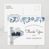 Carte Postale Baby shower floral bleu éléphant par Merci du cour (Devant / Derrière)