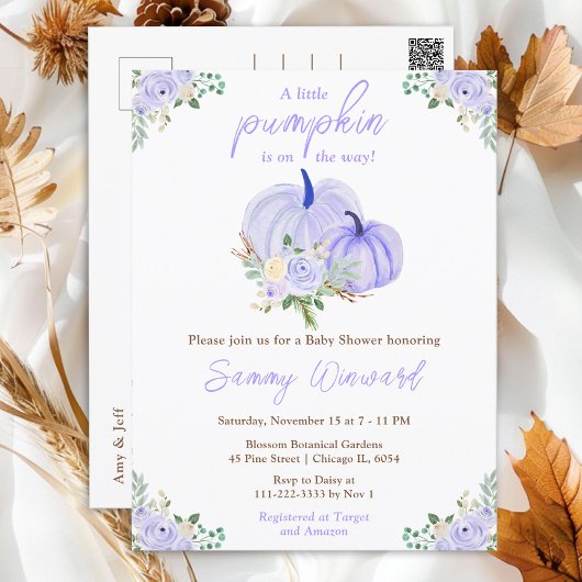 Carte Postale Baby shower Floral Citrouille violet