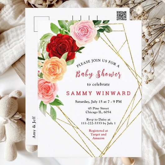 Carte Postale Baby shower Floral Rose romantique