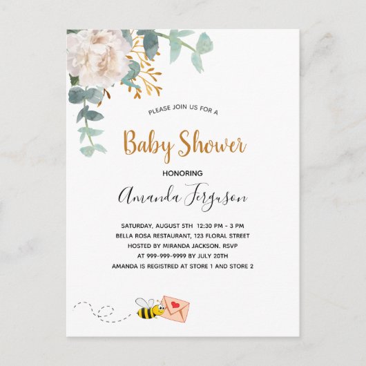 Carte Postale Baby shower floral verdure blanche mignonne maman  (Devant)