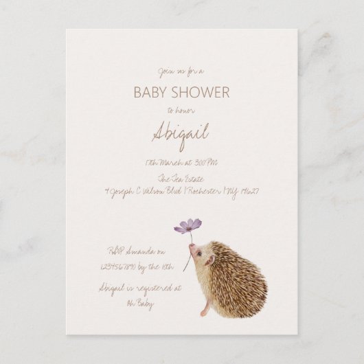 Carte Postale Baby shower forestier de Hérisson (Devant)