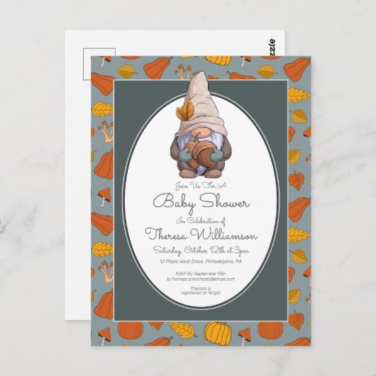 Carte Postale Baby shower | Gnome automne automne automne (Devant / Derrière)