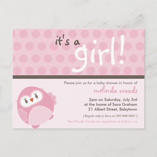Carte Postale BABY SHOWER INVITATION :: c'est un hibou fille 4 (Devant)