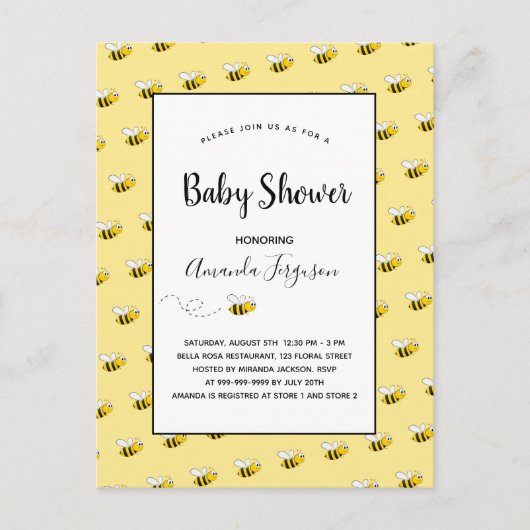 Carte Postale Baby shower jaune de l'abeille mignonne (Devant)