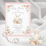 Carte Postale Baby shower lapin à lapin rose<br><div class="desc">Doux petit lapin lapin nain aquarelle dans un panier en osier et de jolies fleurs. Sa petite couverture rose est drapée sur le côté. C'est mignon pour cette petite fille qui prend une douche. 100% de satisfaction client avec "Zazzle"</div>