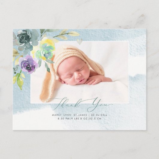 Carte Postale Baby shower Merci Aquarelle Dusty Blue Peony (Devant)