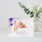 Carte Postale Baby shower Merci Aquarelle Violet Roses (Debout devant)