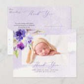 Carte Postale Baby shower Merci Aquarelle Violet Roses (Devant / Derrière)