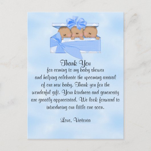Carte Postale Baby shower Merci C'est Triplets Garçon ethnique (Devant)
