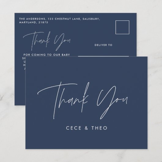 Carte Postale Baby shower merci marine bleu élégant moderne (Devant / Derrière)