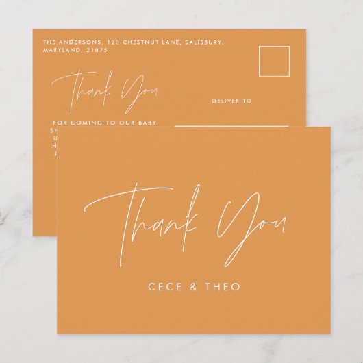 Carte Postale Baby shower merci orange élégant moderne (Devant / Derrière)