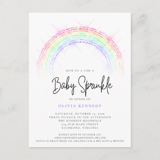 Carte Postale Baby shower moderne Sparkling Rainbow Baby Sprinkl (Devant)