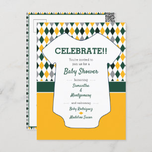 Carte Postale Baby shower Motif de Jacquard vert foncé et jaune