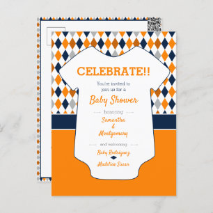 Carte Postale Baby shower Motif Jacquard bleu orange et marine