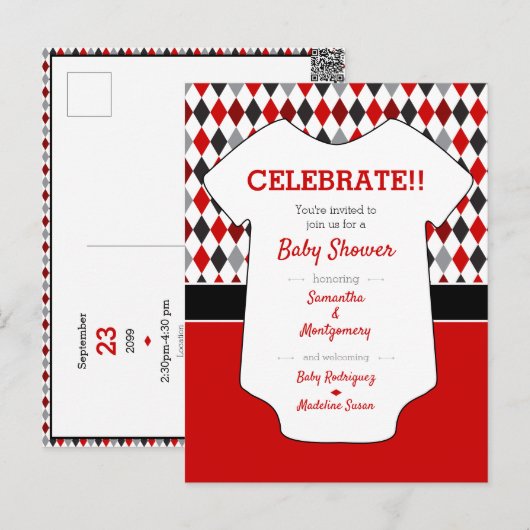 Carte Postale Baby shower Motif Jacquard rouge et noir (Devant / Derrière)