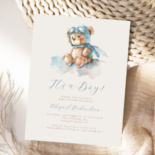 Carte Postale Baby Shower Ourseau Teddy Bear Garçon à l'Aquarell