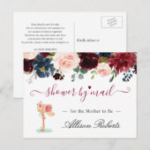 Carte Postale Baby shower Par Mail Burgundy Blush Navy Floral (Devant / Derrière)