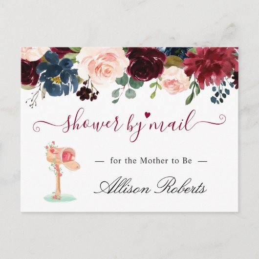 Carte Postale Baby shower Par Mail Burgundy Blush Navy Floral (Devant)
