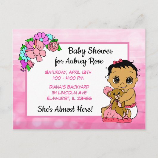 Carte Postale Baby shower pour fille, Pink Bow Ethnic Baby (Devant)