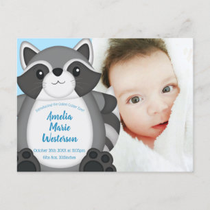 Carte Postale Baby shower Raccoon bleu