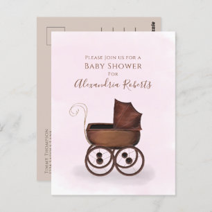 Carte Postale Baby shower Rose Aquarelle Fille Porte bébé