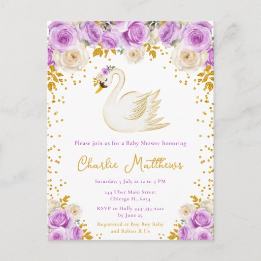 Carte Postale Baby shower Rose cygne violet et or (Devant)