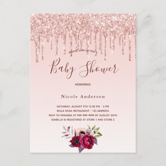Carte Postale Baby shower rose parties scintillant or rose invit (Devant)