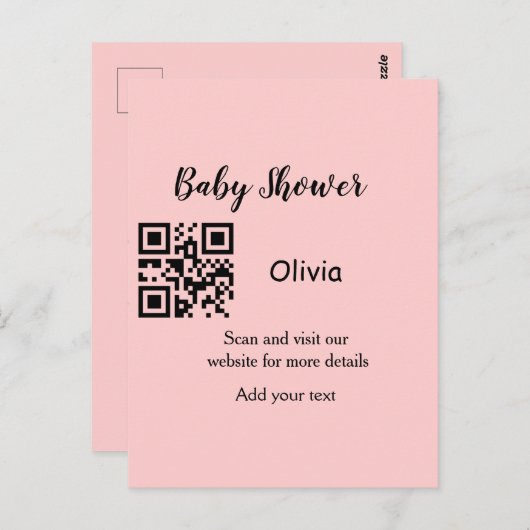 Carte Postale Baby shower rose simple q r code ajouter le texte  (Devant / Derrière)