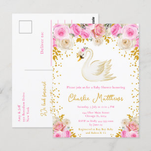 Carte Postale Baby shower Rose Swan Pink et Gold