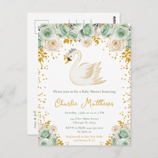 Carte Postale Baby shower Rose Swan Sage Green et Gold (Devant / Derrière)