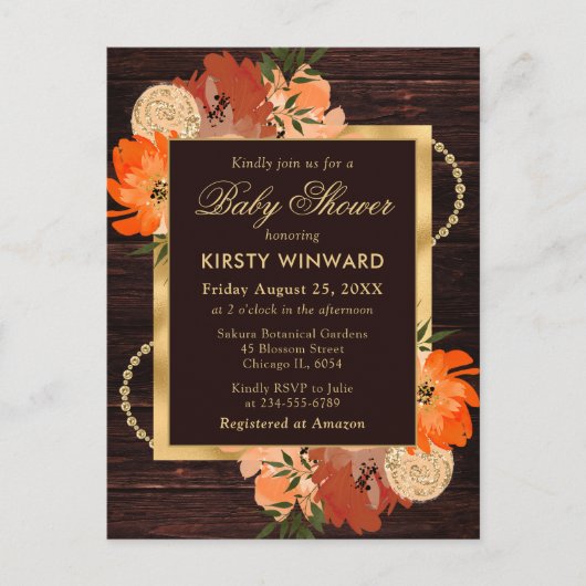 Carte Postale Baby shower Rustique Burnt Orange Fall Flowers (Devant)