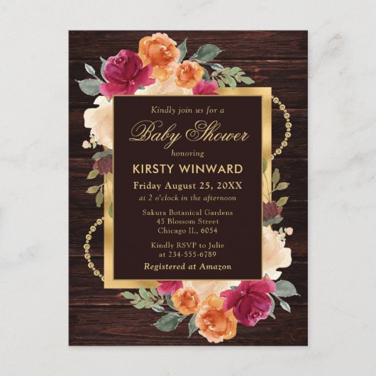 Carte Postale Baby shower Rustique Burnt Orange Red Fall Flowers (Devant)