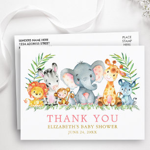 Carte Postale Baby shower Safari Animaux Merci rose